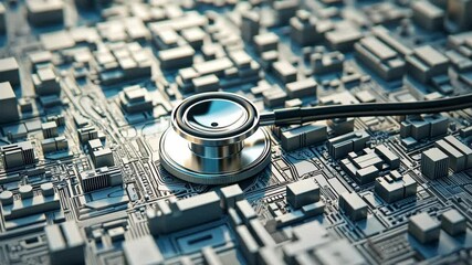 City development and healthcare connection represented through a stethoscope on an urban landscape