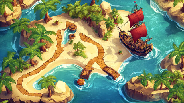 Pirate game map. Vector cartoon illustration of tropical islands with palm trees, old ship with scarlet sails, path to treasure chest. Pirate adventure route for navigation between gaming levels