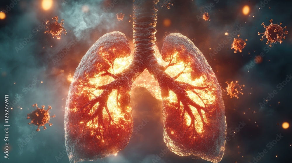 Aufkleber a 3d-rendered image of inflamed lungs with bacteria and viruses attacking airways.