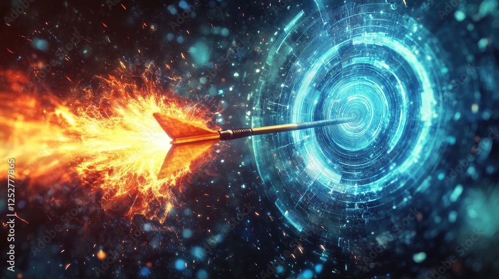 Aufkleber a blazing dart colliding with a high-tech digital target, creating shockwaves and energy bursts.