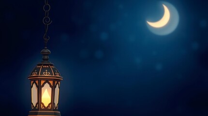 Obraz premium Glowing Ramadan Lantern Night Scene with Crescent Moon