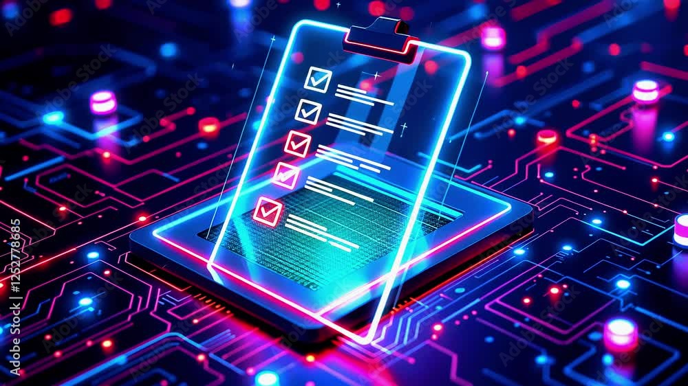 Aufkleber futuristic digital clipboard displaying a checklist on a glowing circuit board background
