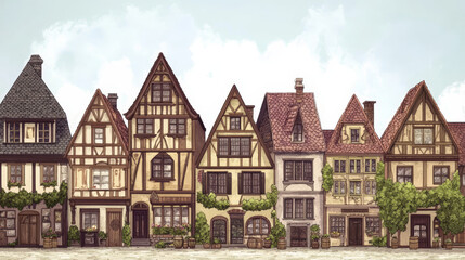Naklejka premium Old medieval germany town building vector set. European german city street house cartoon clipart collection. Bavaria landmark isometric exterior cityscape. Isolated timber victorian mansion png