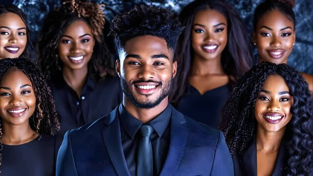 A group of smiling individuals in formal attire, featuring one man at the forefront and several women in the background.