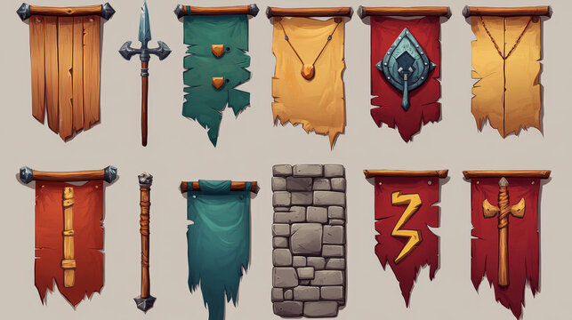 Game win and lose banners with stone brick frame and wooden board. Vector cartoon set of game ui elements in medieval style, score banners with pennants and spear