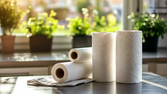 rolls of white kitchen paper towels on the table in a bright, modern interior, with a blurred background featuring a window and a plant behind it.