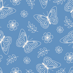 Seamless pattern with outline butterflies and flowers in minimalist style. Hand drawn vector illustration for textiles, wallpapers and wrapping paper.