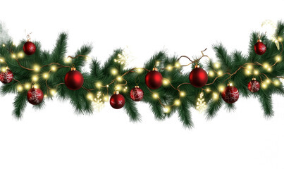 Background image of fir leaves, Christmas balls, and red bows