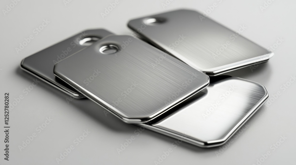 Poster steel metal tag plate of rectangular, square and hexagon shape with rivets. realistic vector set of 