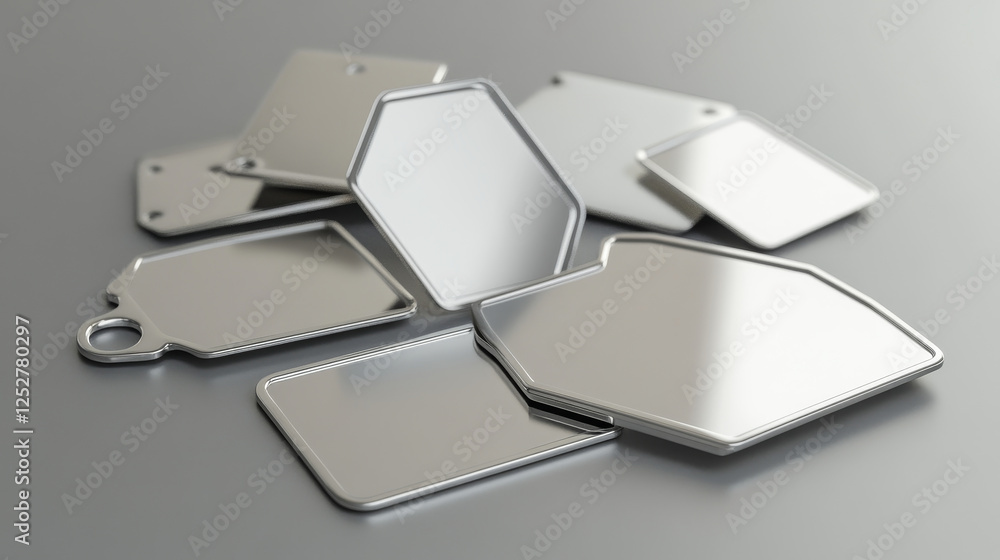 Poster steel metal tag plate of rectangular, square and hexagon shape with rivets. realistic vector set of 