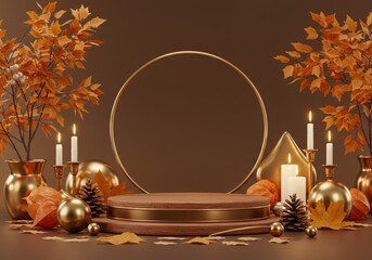 An elegant autumn-themed podium with warm colors, decorated with autumn leaves and seasonal accents for a premium product shooting scene.

