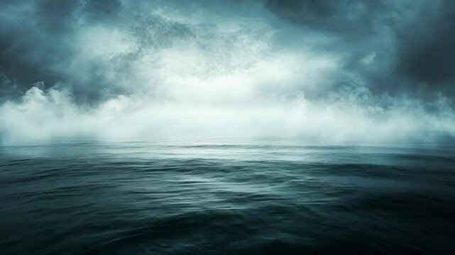 Moody ocean view under a cloudy sky with gentle waves and fog lingering at dawn