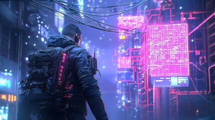 Obraz premium Cyberpunk Character Walking Neon City Night