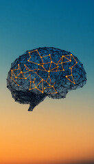 Digital brain network with glowing nodes against sunset sky, symbolizing innovation and artificial intelligence.