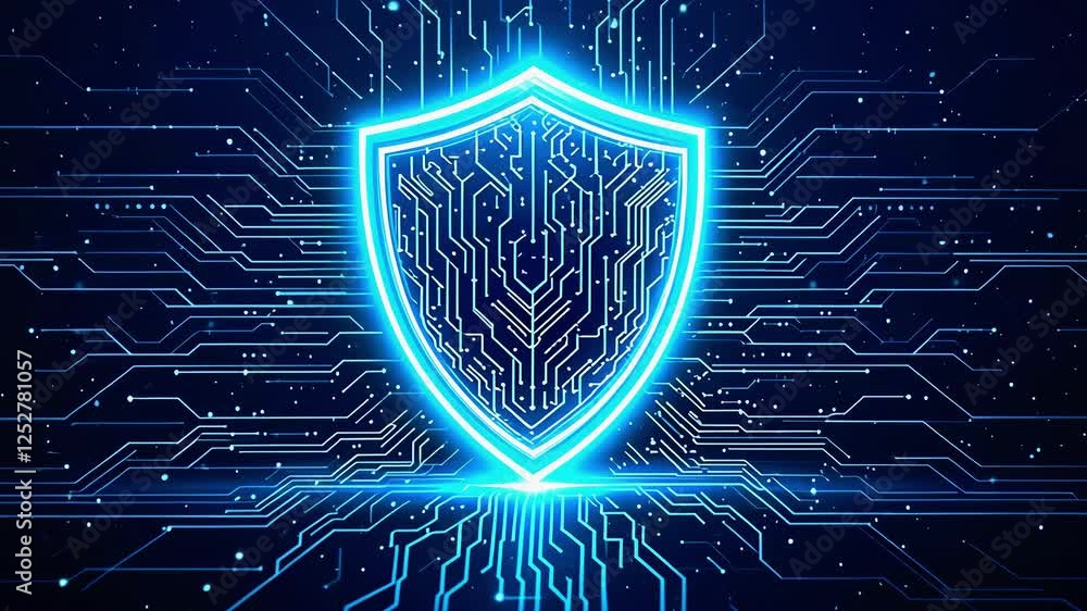 Poster futuristic digital shield representing cyber security, surrounded by glowing circuit patterns in blu