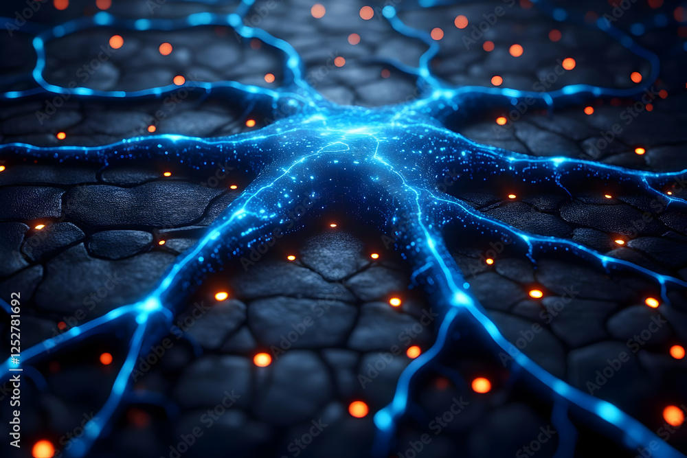 Poster detailed view of a glowing neural network structure