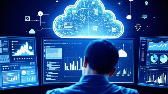 Person analyzing data on multiple screens with cloud computing graphics in a modern workspace