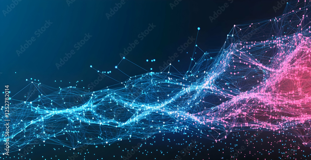 Poster abstract background with glowing blue and pink lines of low-poly wireframe network connection