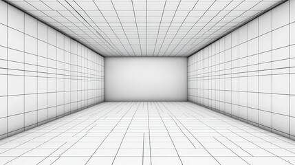 Obraz premium 3D perspective of wireframe room background. Realistic vector illustration of rectangle line grid box interior with white walls, ceiling, floor, corners. Abstract virtual space. Cyber dimension