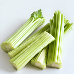 Fresh celery stalks on white background