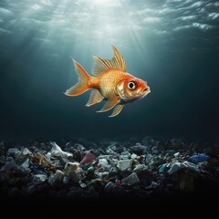 Naklejka premium goldfish swims above polluted ocean floor filled with rubbish, highlighting environmental concerns. Sunlight filters through water, creating dramatic scene
