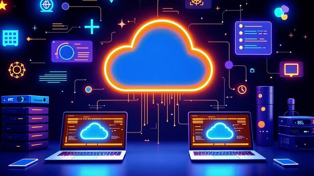 Two laptops displaying cloud computing graphics with data flow, set in a tech-themed workspace