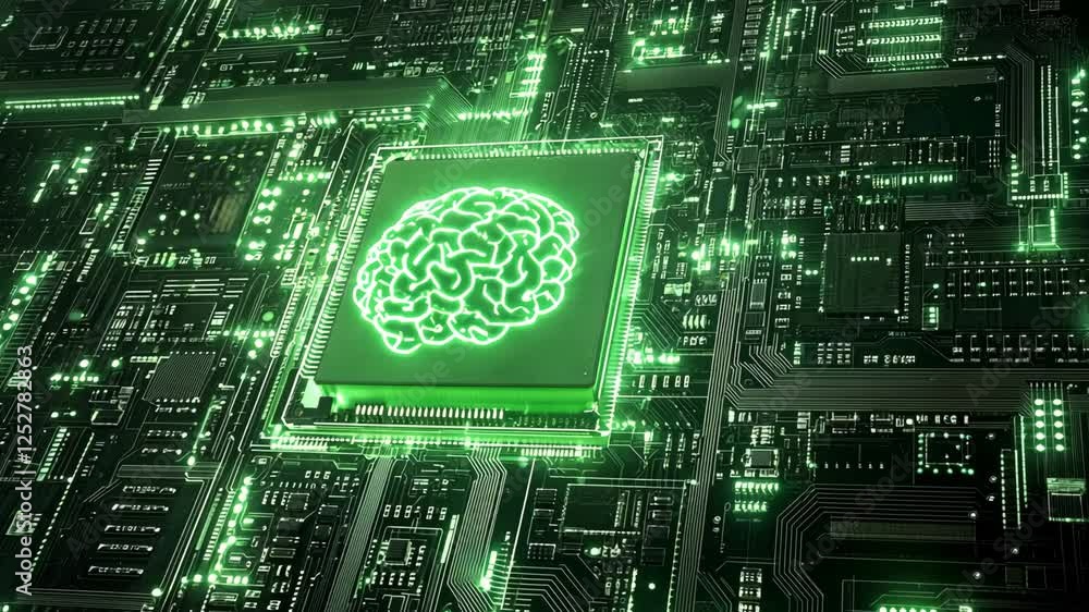 Poster innovative circuit board design with glowing brain pattern showcasing technology and intelligence