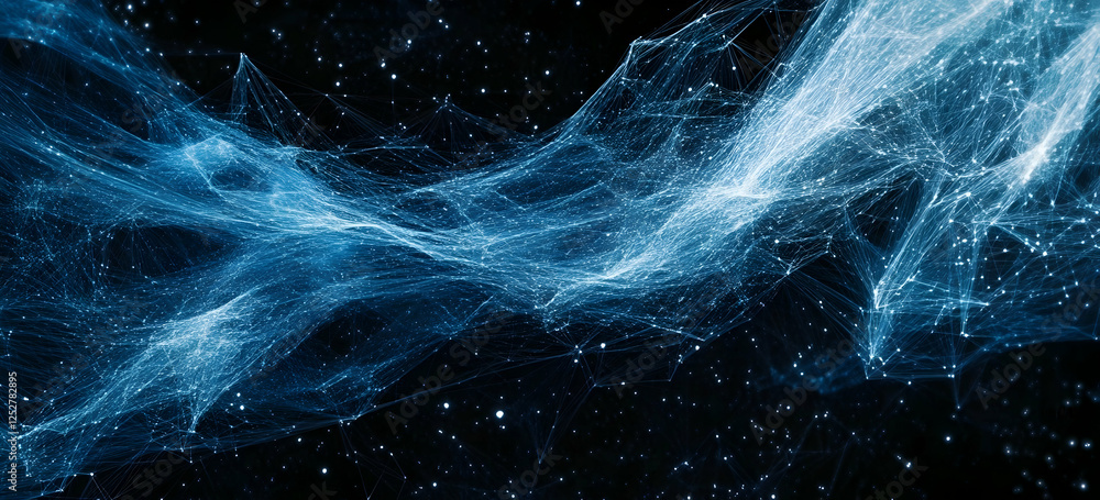 Poster abstract background with blue digital technology waves and polygonal lines on a dark black backgroun