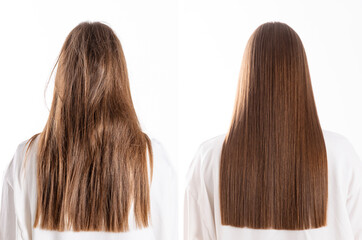 Transformation of female caucasian youthful hair, before and after keratin treatment