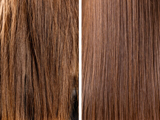 Before and after treatment. Sick, cut and healthy hair care keratin