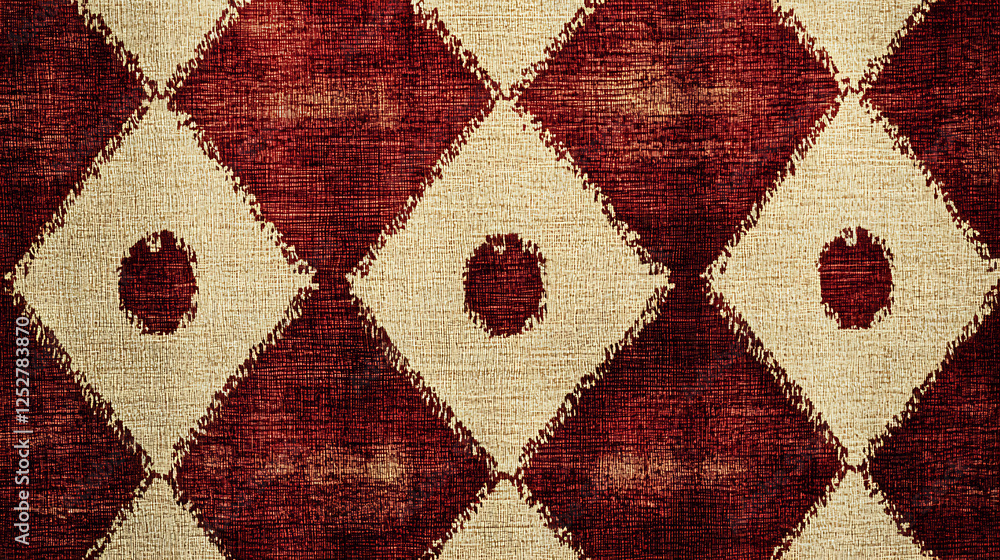 Poster refined geometric pattern featuring red and cream diamonds with circular motifs, perfect for adding 