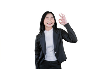 Confident Businesswoman Showing OK Hand Gesture with a Smile on White Background