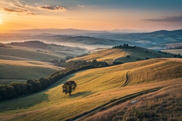 Panoramic Vintage Sunset Over Rolling Hills: Drone Photography