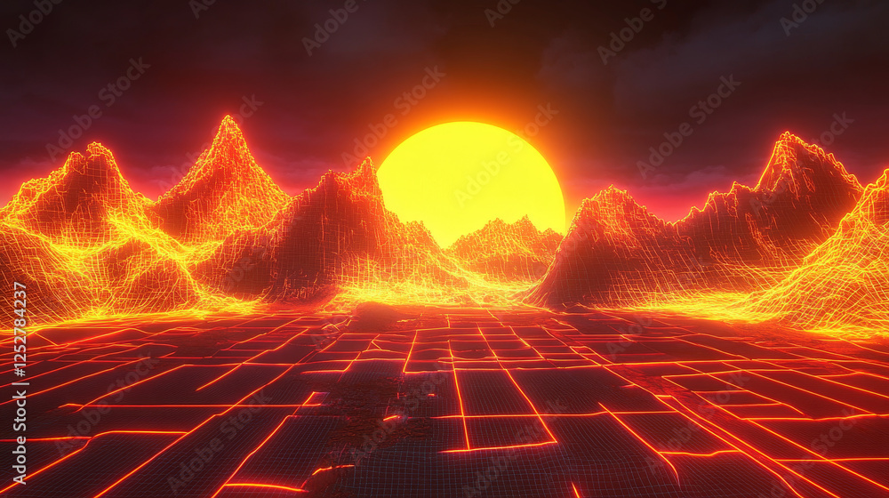 Poster synthwave background with abstract neon glow grid mountain landscape with gradient sun on sunset. re