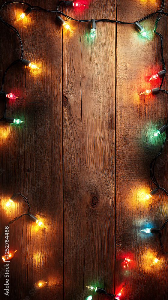 Poster brightly colored string lights illuminate rustic wooden background, creating warm and festive atmosp