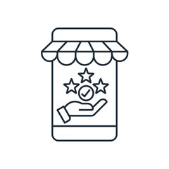 Ready e-business.Selling product online in e commerce or online shop.Web store  or internet shopping. Vector linear icon illustration isolated on white background.