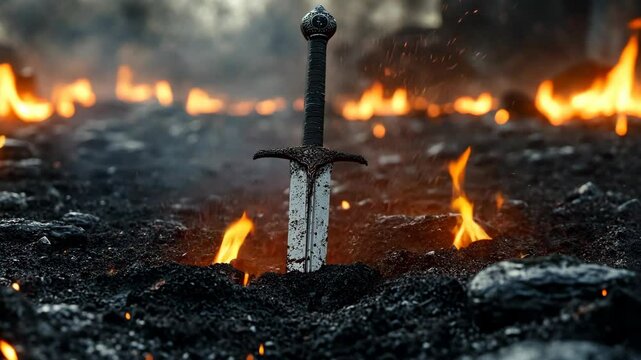 Sword embedded in ground surrounded by glowing embers in a dramatic landscape