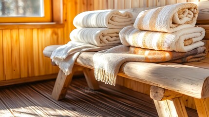 Cozy Sauna Towels & Blankets on Wooden Bench - Wellness