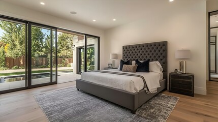 Luxury Bedroom with Pool View: Modern Interior Design, Gray Tufted Bed, Sliding Glass Doors, Light Wood Floors, and Stylish Nightstands