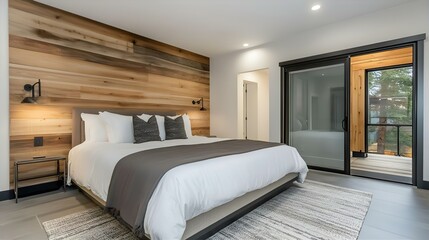 Modern Bedroom Design: King Bed with Wood Accent Wall, Sliding Glass Doors to Balcony, Gray & White Color Scheme, Contemporary Interior
