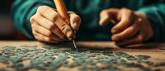Close-up of hands expertly carving intricate patterns on linoleum block for printmaking art.