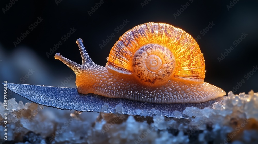 Poster illuminated snail on a knife with glowing shell, nature detail. macro photography concept