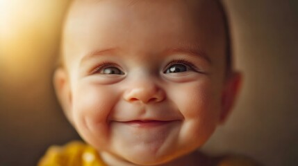 Happy Baby Smiling Brightly with Warm Light in Background