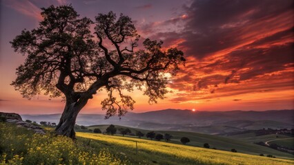 Panoramic Carob Tree Sunset: Golden Hour Landscape Photography