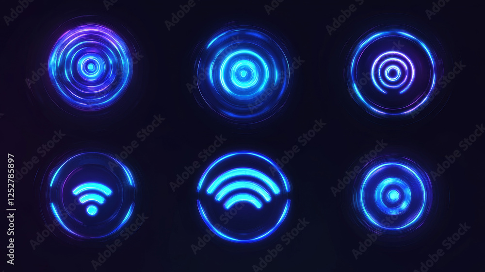 Poster blue 3d wifi signal symbol with neon light effect on transparent background. wireless technology wav