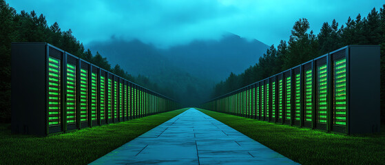 Futuristic server farm set against misty mountain backdrop illustrating cutting-edge data technology.