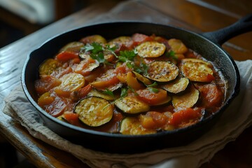 Traditional French ratatouille in cast iron pan on rustic wooden table
