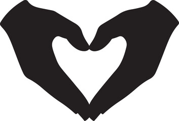 Two hands forming a heart shape. Hand silhouettes making a hand heart gesture. Black silhouettes on transparent background