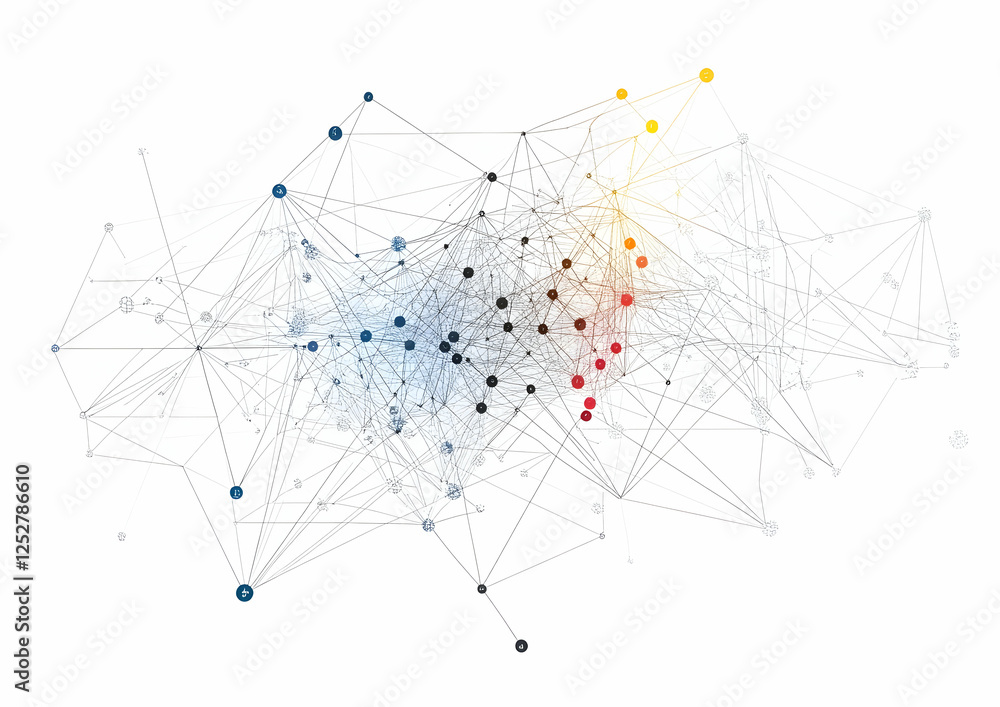 Poster a simple vector graphic of interconnected nodes with colored dots on a white background