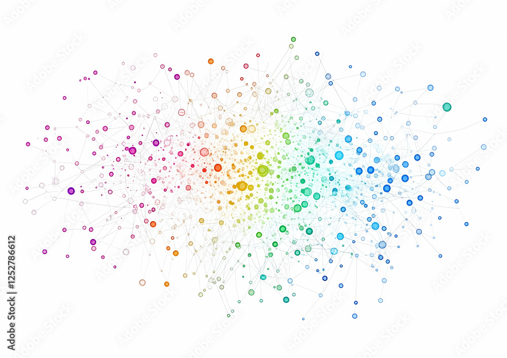 Poster a simple vector graphic of interconnected nodes with colored dots on a white background